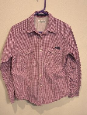 Ladies Columbia Pink and White Gingham PFG Fishing Shirt Size Large